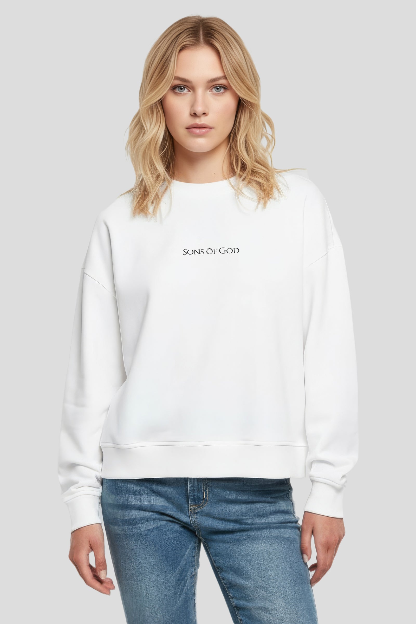 Crewneck White Sweatshirt with Relaxed Fit Sons of God
