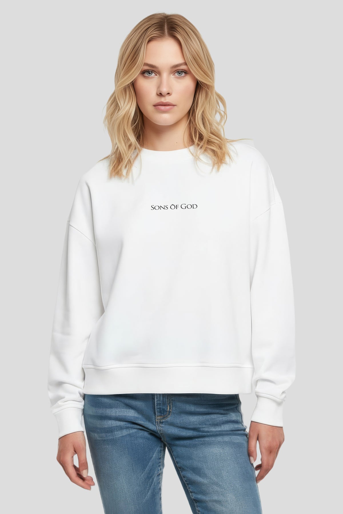 Crewneck White Sweatshirt with Relaxed Fit Sons of God