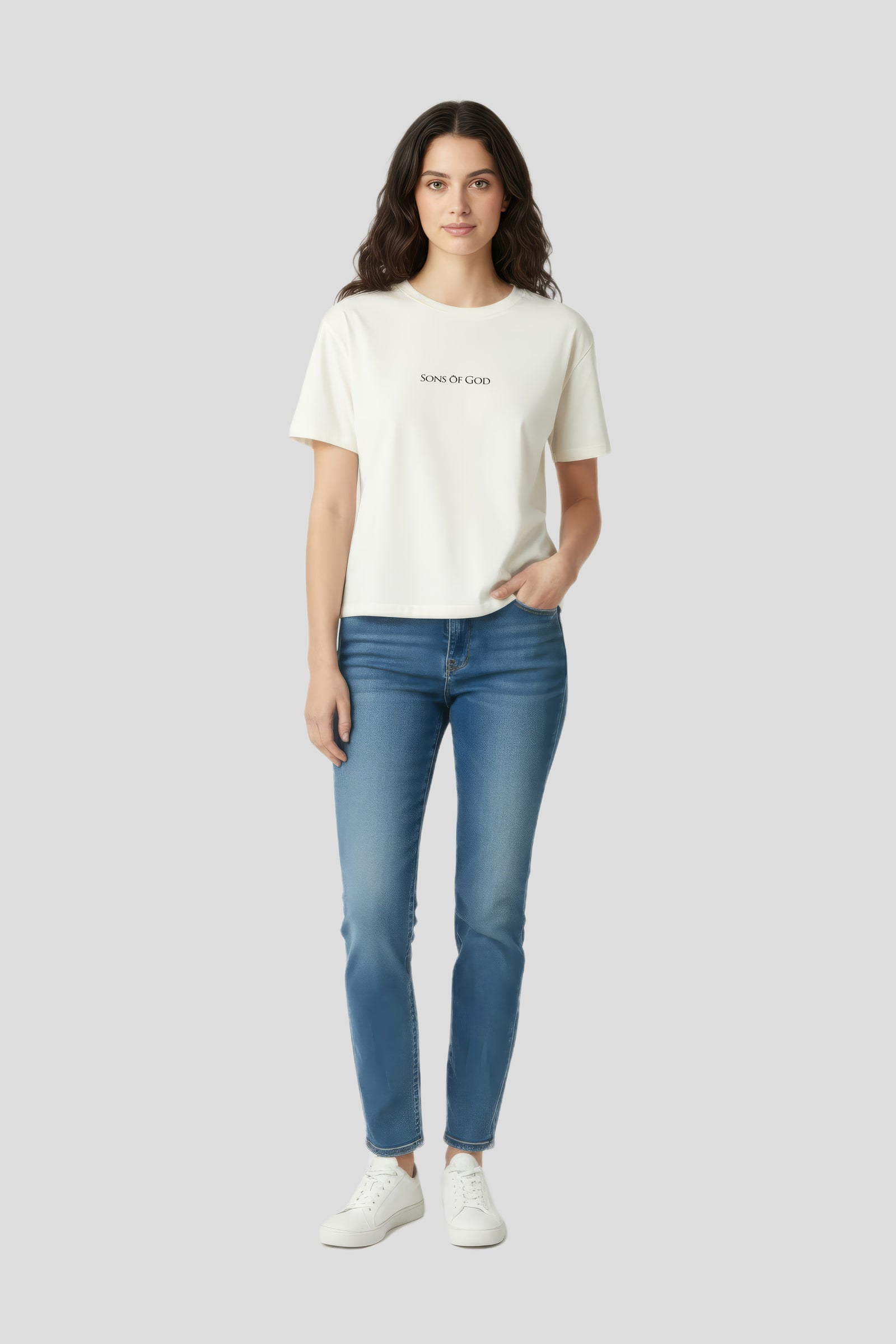Beige Damen Boxy T‑Shirt in kurzer Länge aus 100 % Baumwolle mit lockerer Passform und 3D‑Logo